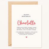 Personalized birthday card with "Charlotte" in pink script and a message of unwavering support, A5 size, ideal for mom or best friend.